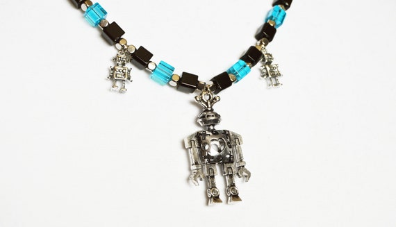 Silver robots Necklace, Blue, Black, Future, Space, Punk, Cyberpunk, Glass, Cube, Silver