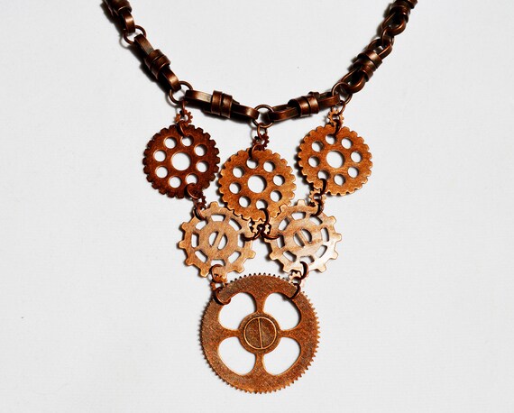 Rose brass steampunk gears necklace, Handmade, Chain, Statement, Large, Comic con