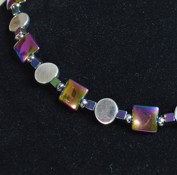 Electroplated steel choker with silver plated discs and hematite accents, Necklace, Jewelry, Cyberpunk, Elegant, Rainbow