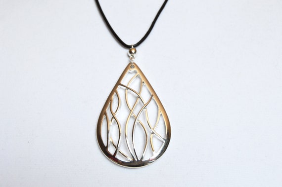Teardrop pendant on black leather strap necklace, Elegant, Simple, Vines. Plant, Large, Silver, Leather