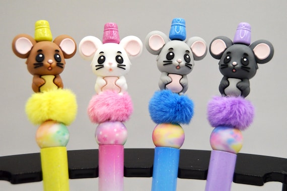 Pastel Mouse Pen with Faux Fur: Animal Lover Gift (2x Refills)
