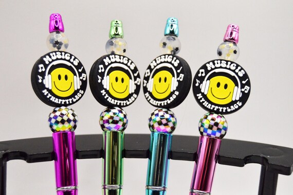 Music is my Happy Place Pens, bright metallic colors, soft beads, iridescent, refills included