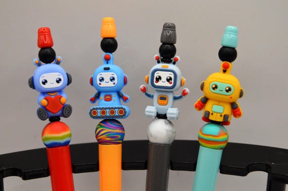 Retro Style Robot Pens. Soft silicone beads.
