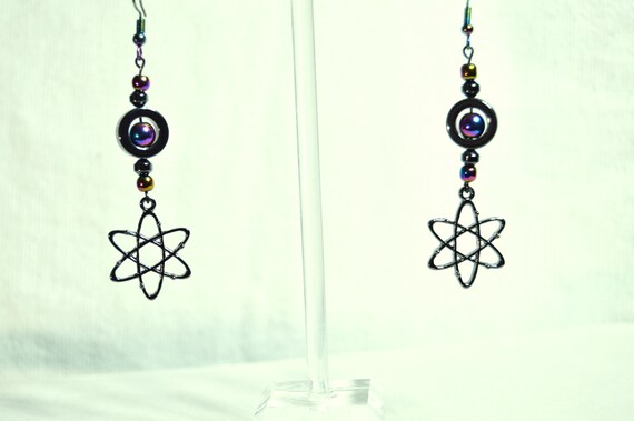 Atomic symbols earrings with electroplated hematite, Science, Teacher, Dangle, Gifts for her