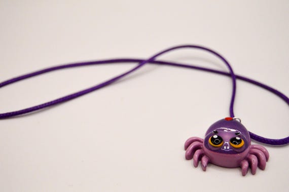 Purple jumping spider necklace, resin, satin cord
