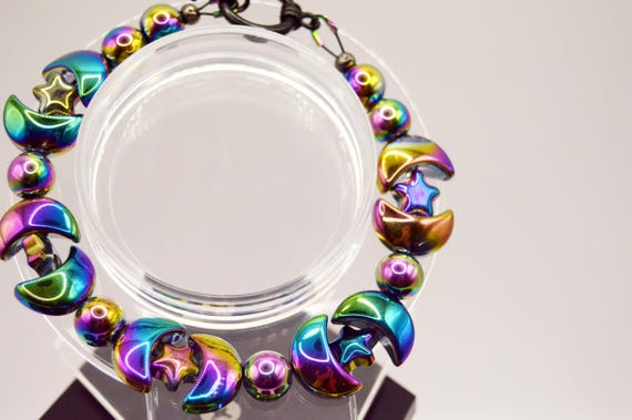 Rainbow electroplated Moons and Stars bracelet, Goth, Celestial