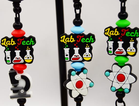Lab Tech reel badge ID holder, science, beaker, test tube, fun, colors, atoms, microscope, beaded