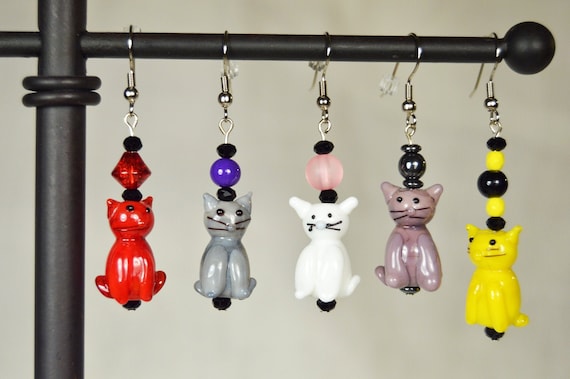Lamp work Cat earrings, Glass, Choice, Multicolor, Handmade, Animal, Fur baby, Jewelry