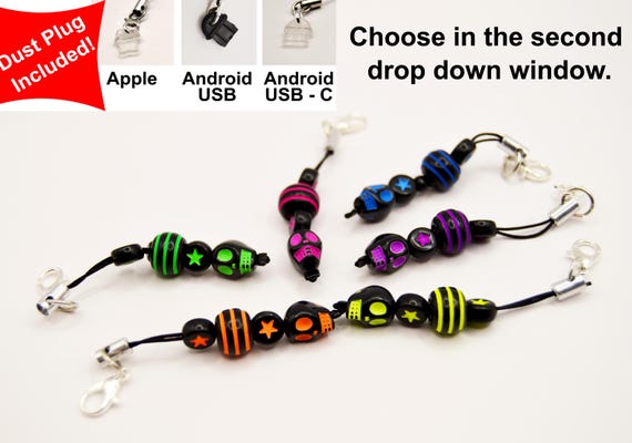 Skull phone charms, gothic , colorful, rave, Cyberpunk, neon, black light
