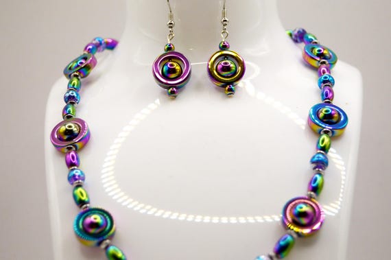 Electroplated Pentacle Necklace with matching earrings, Rainbow, Witchy