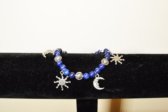 Lapis Lazuli Celestial Bracelet: Silver Plated Sun, Moon & Star Charms