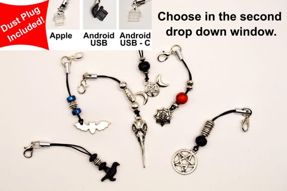 Gothic phone charms. Pentagram, Moon goddess, Spider web, Bat, Bird Skull, Crow, Raven