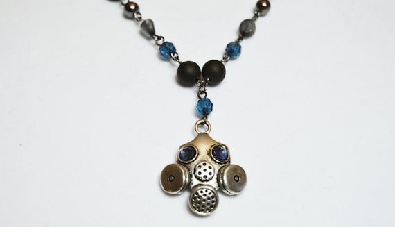 Elegant blue and black beaded, gas mask necklace, Cyberpunk, Metal, Glass, Silver, Swarovski crystals