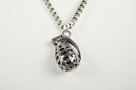 Silver grenade necklace, Goth, Punk, Military, large, cosplay, costume