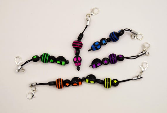 Skull phone charms, gothic , colorful, rave, Cyberpunk, neon, black light