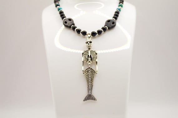Dead Mermaid Skeleton Necklace, dark, colorful, silver, beach, vacation, gift for her
