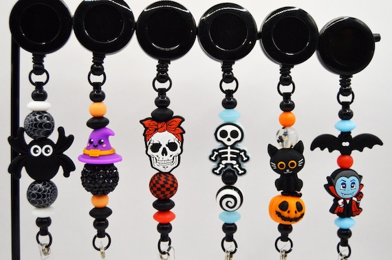 Fun Halloween Badge Reels Batch 2, Skull, Skeleton, Black cat, Vampire, Spider, Magic hat
