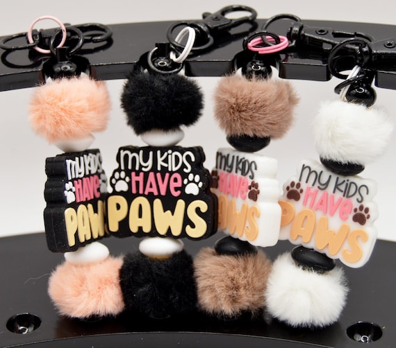 My Kids have Paws Keychain, fuzzy, cat, dog, love, pets, color choice
