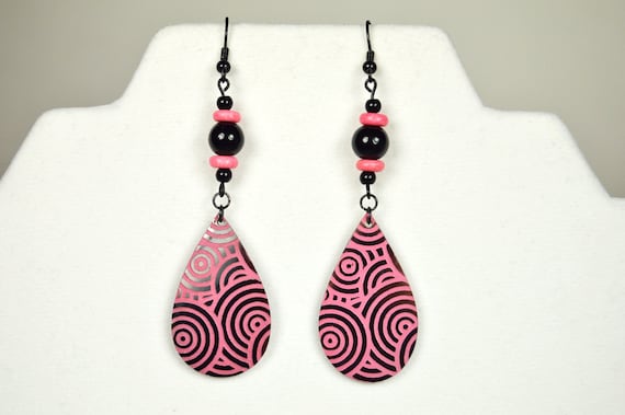 Pink and black spiral earrings, Retro, Punk, 80s, Jewelry, Fun, Everyday, Dangle