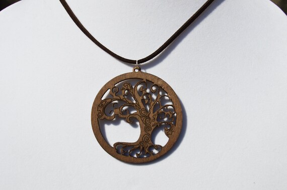 Carved Wood Tree Necklace,  Forest, Nature, Earth, Hobo, Brown leather