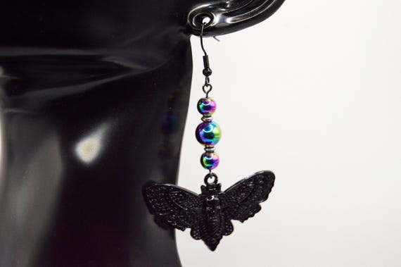 Black Death head Moth Earrings, Goth, Dark, Rainbow, Dangle