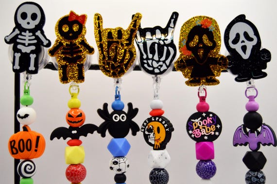 Halloween Badge Reel: Ghost, Skeleton Hands, Acrylic Topper