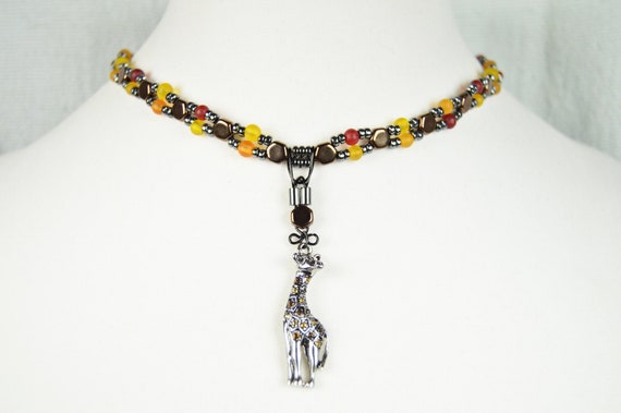 Giraffe choker necklace with hematite and glass accent beads, Orange, Silver, Choker, Zoo, Rhinestones