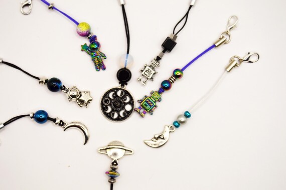 Space phone charms, Astronauts, Moons, Saturn, Robot, cycle, dust plug included