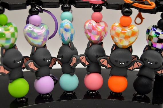 Heart and Bat Key Chains, colorful Goth, bat lover, soft beads