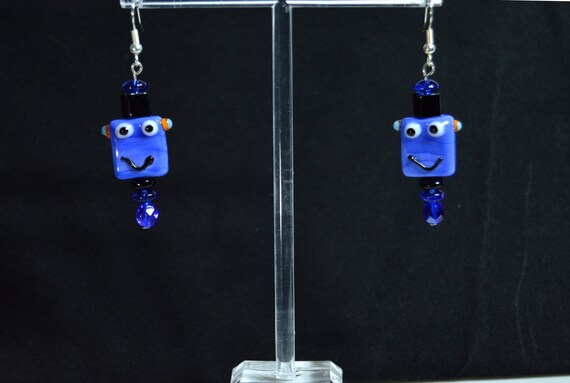 Glass Robot Head Earrings , Green, Re, Orange or Blue, Cyberpunk, Fun, Quirky, Rave
