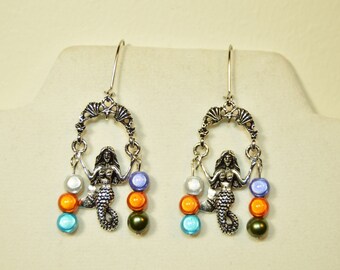 Mermaids swing earrings with multi-colored beads. | Beach |Ocean | Vacation | Sea life | Silver | Dangle | Jewelry