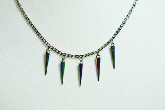 Rainbow Spikes Necklace, Electroplated, Chain, Metal, Cyberpunk, Delicate, Steel, Nickel free