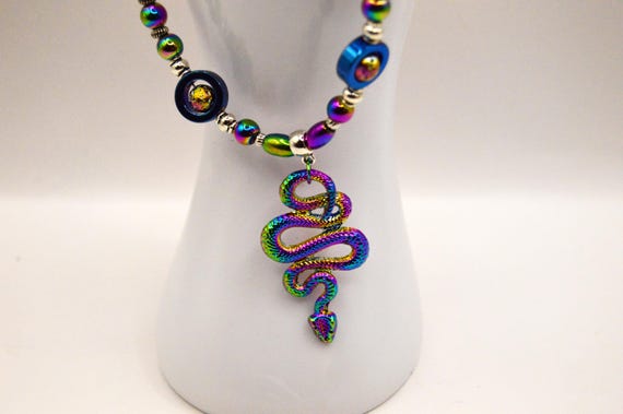 Rainbow Snake Necklace: Lava Beads, Hematite, Stainless Steel