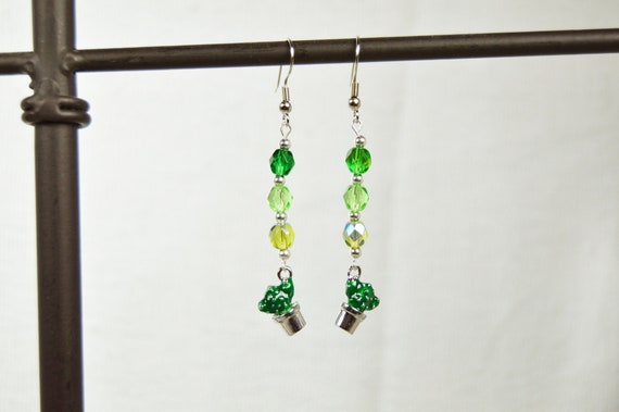 Cactus Earrings, Glass, Crystal, Green, Plant, Silver, Dangle, Desert