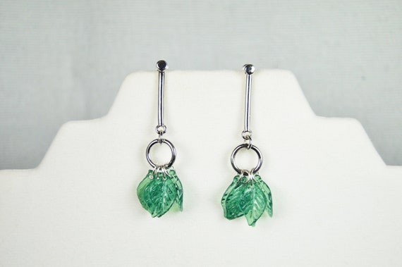 Dangle Leaves Earrings, Silver, Long, Glass, Plant, Forest, Dangle, Posts, Nickel free