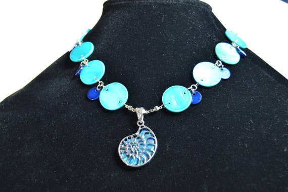 Nautilus Shell Necklace and Earrings Set, Beach, Shells, Silver, Mother of pearl, Blue, Ocean