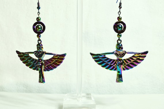 Electroplated Isis winged goddess pendant earrings, Hematite, Rainbow, Egypt, Goddess, Sun