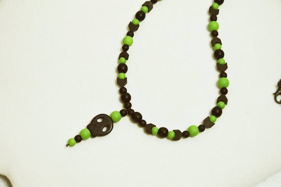 Black skull and green beaded necklace, Punk, Skull, Goth, Cyberpunk, Stone, Metal, Bright green