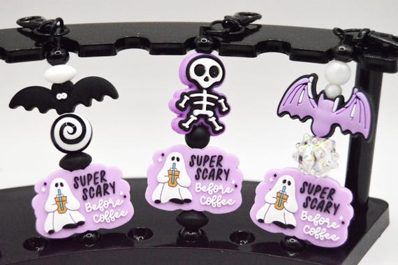 Super Scary Before Coffee Key Chain, Purple, Ghost, Bat, Skeleton, Soft beads