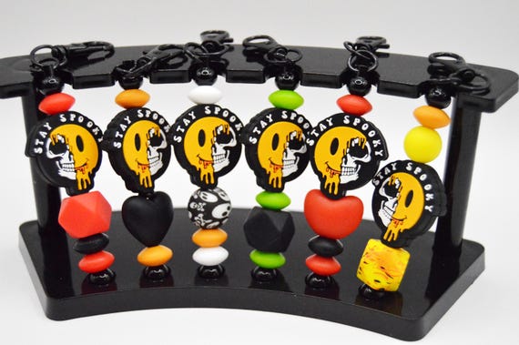 Stay Spooky Happy face skull face key Chain, Soft beads, durable, Halloween