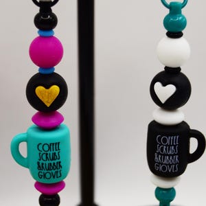 Coffee, Scrubs and Rubber Gloves badge reel, cute, funny, mug, morning, medical staff