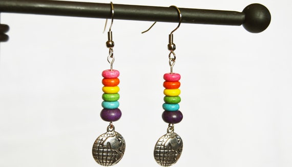 Rainbow earth earrings, LGBTQ, Environment, Love is Love, Peace, Dangle, Silver