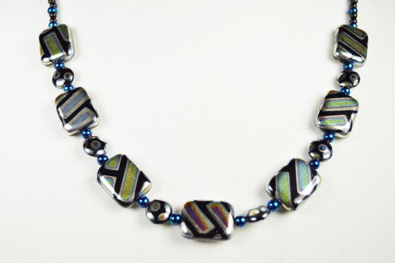 Cyberpunk, iridescent glass squares, beaded necklace, Metallic, Iridescent, Punk, Goth. Future, Elegant