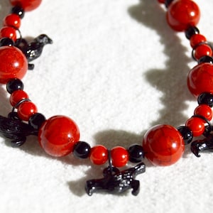 Black crows and red beads bracelet, Raven, Goth. Halloween, Punk, Birds, Charms