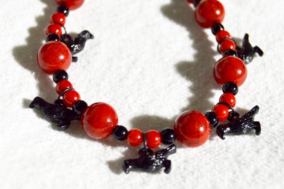 Black crows and red beads bracelet, Raven, Goth. Halloween, Punk, Birds, Charms