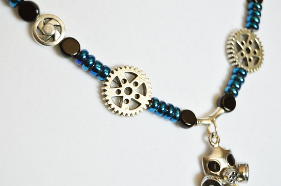 Cyberpunk Gas Mask Necklace: Silver, Blue Beads, Steampunk Jewelry