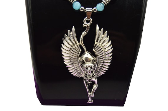 Large Winged Egyptian Cat Necklace, Lake blue and black beads, statement piece, glass, stainless steel