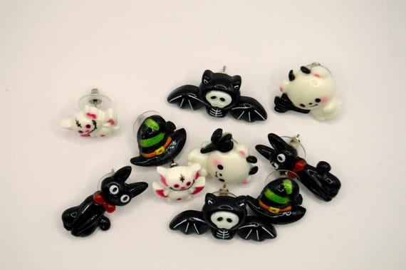Creepy Cute Earrings, Fun, Halloween, Goth, Bats, Cats, Devil Bear, Witch hat