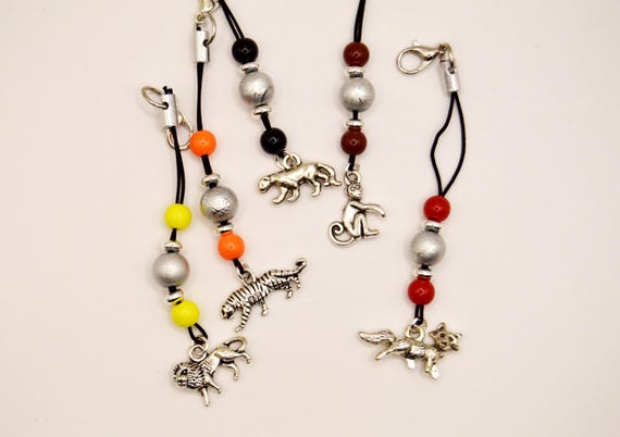 Wild Animals Phone Charms, Lion, Tiger, Panther, Monkey, Fox