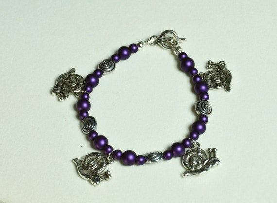 Snail bracelet and earrings set with purple satin beads, Bug, Earth. Animals, Set, Jewelry, Charms, Dangle